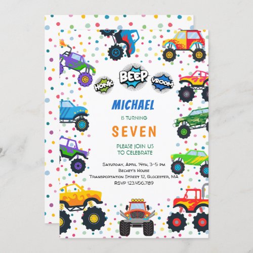 Honk beep vroom monster trucks boy birthday invitation