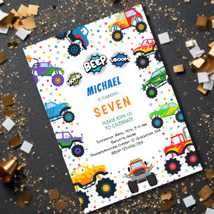 Honk beep vroom monster trucks boy birthday invitation