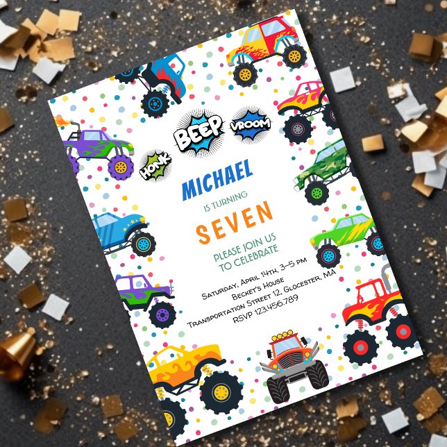 Honk beep vroom monster trucks boy birthday invitation (Creator Uploaded)