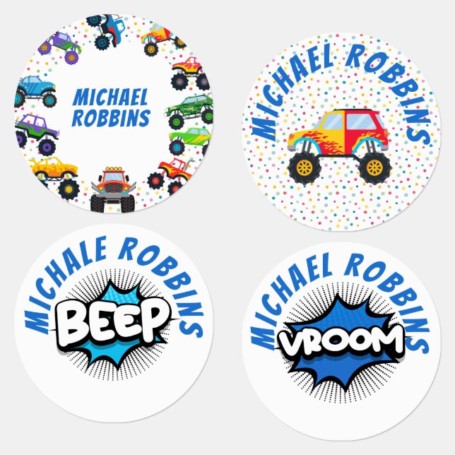 Honk beep vroom monster trucks boy birthday kids' labels (Group)