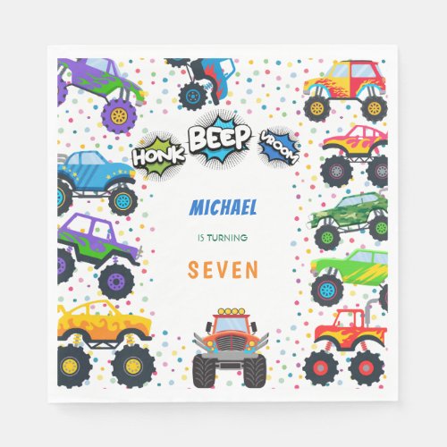 Honk beep vroom monster trucks boy birthday napkins