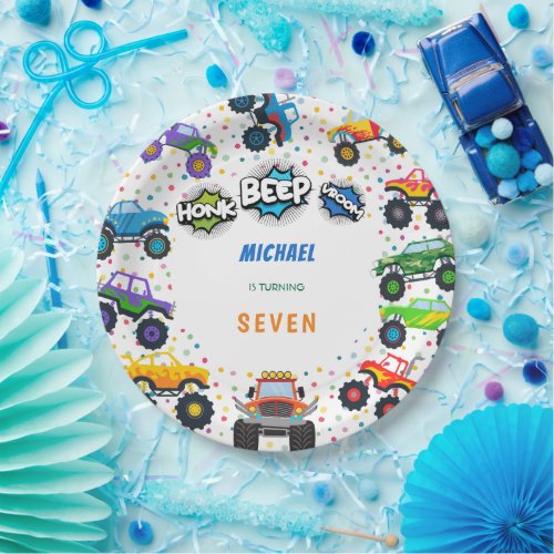 Honk beep vroom monster trucks boy birthday paper plates