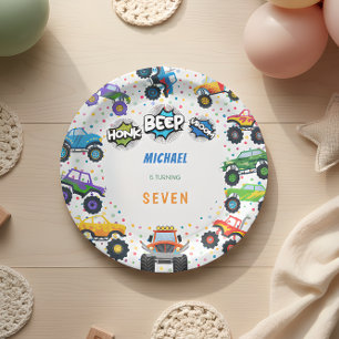 Honk beep vroom monster trucks boy birthday paper plates