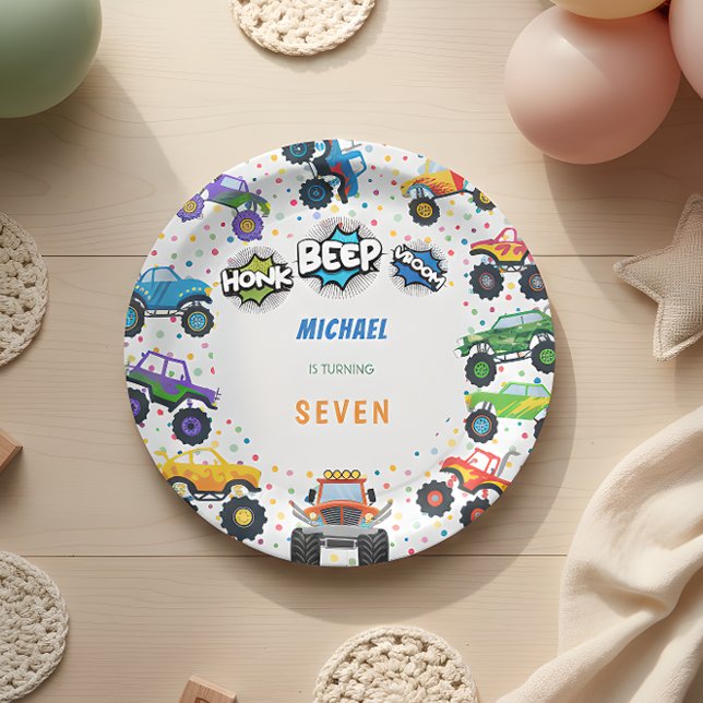 Honk beep vroom monster trucks boy birthday paper plates (Creator Uploaded)
