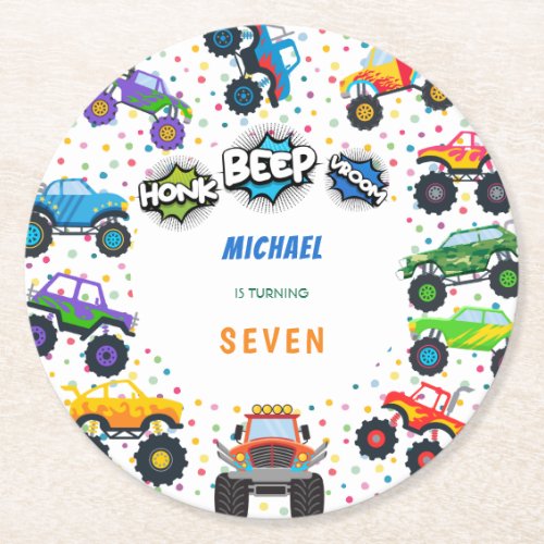 Honk beep vroom monster trucks boy birthday round paper coaster