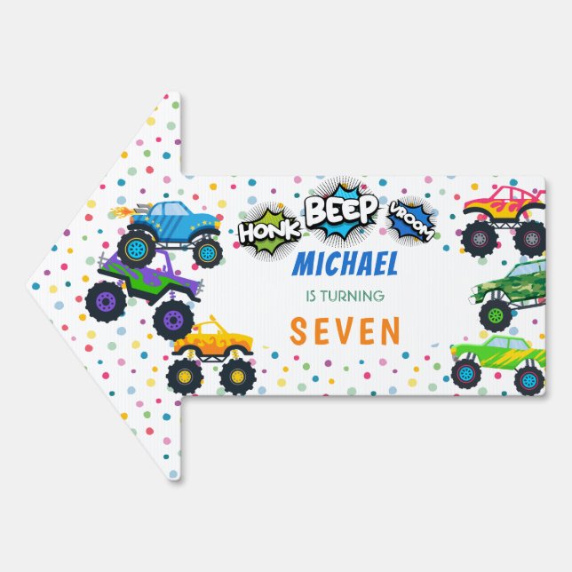 Honk beep vroom monster trucks boy birthday  sign (Front)