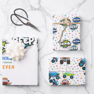 Honk beep vroom monster trucks boy birthday wrapping paper sheets