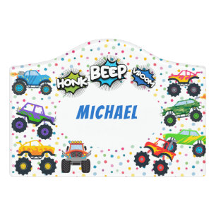 Honk beep vroom monster trucks boy door sign