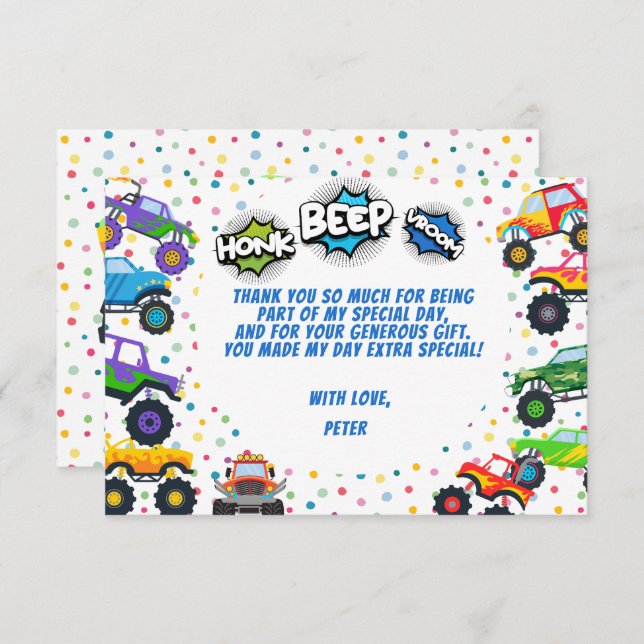 Honk beep vroom monster trucks kids birthday  thank you card (Front/Back)