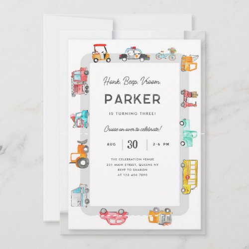 Honk Beep Vroom Transportation Birthday Invitation