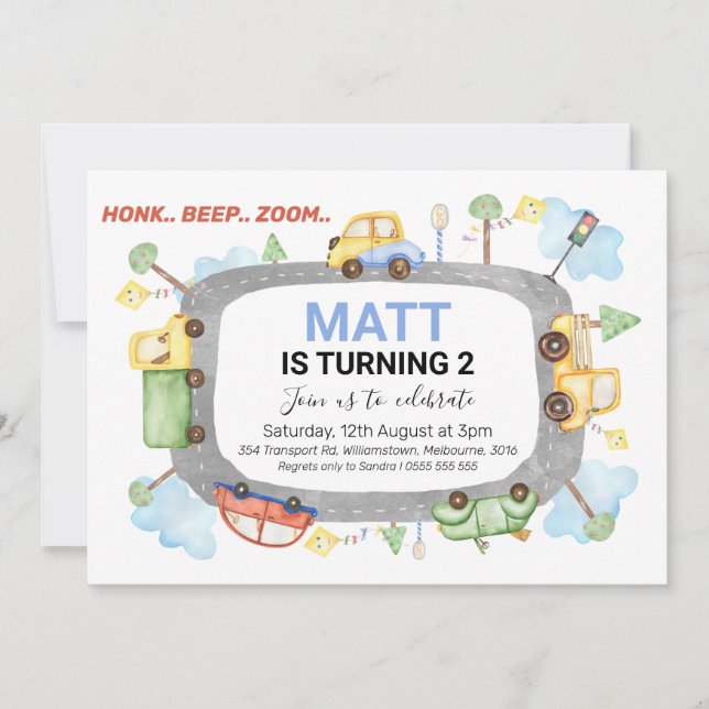 Honk Beep Zoom Transport Birthday Party Invitation (Front)
