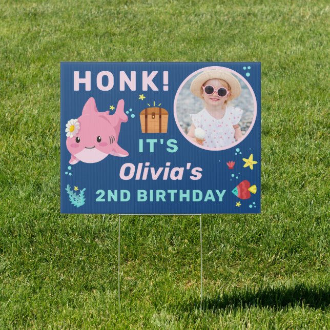 Honk Pink Cute Shark Kids Photo Birthday Yard Sign (Insitu)