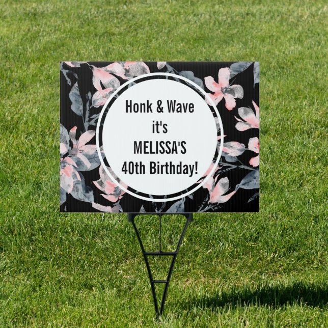 Honk & Wave Birthday Pink & Gray Floral Pattern Sign (Insitu)