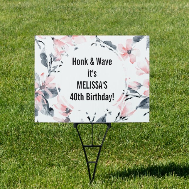 Honk & Wave Birthday Pink & Gray Floral Pattern Sign (Insitu)