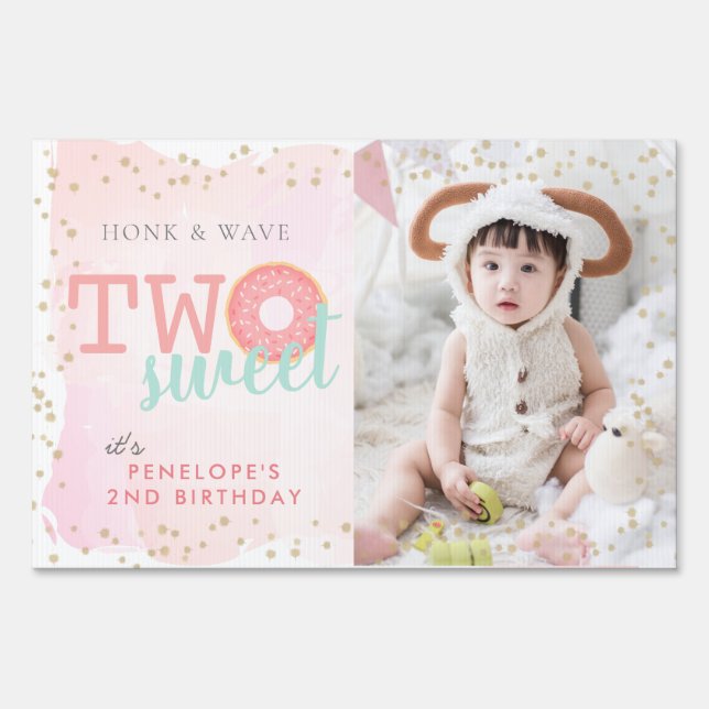 Honk & Wave Two Sweet Donut Birthday Photo Yard Sign (Front)