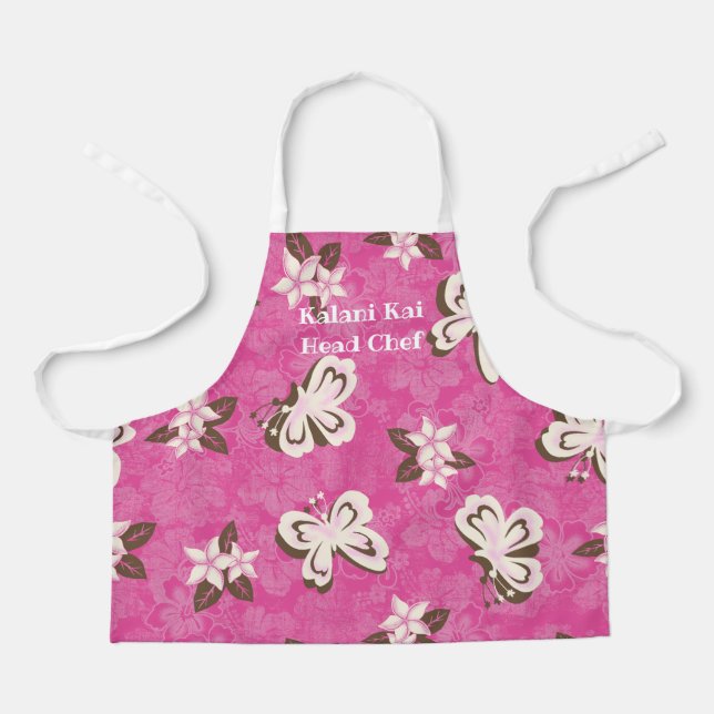 Honolua Butterfly and Hawaiian Hibiscus Pink Apron (Front)