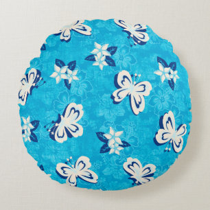 Honolua Plumeria Butterfly and Hawaiian Hibiscus Round Pillow
