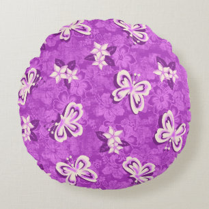 Honolua Plumeria Butterfly and Hawaiian Hibiscus Round Pillow