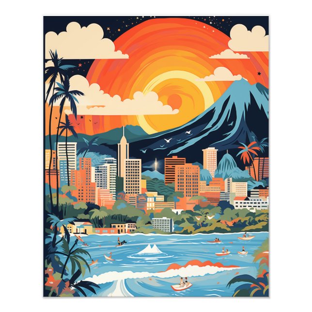 Honolulu Beach Poster Bright Colors AI Generated (Front)