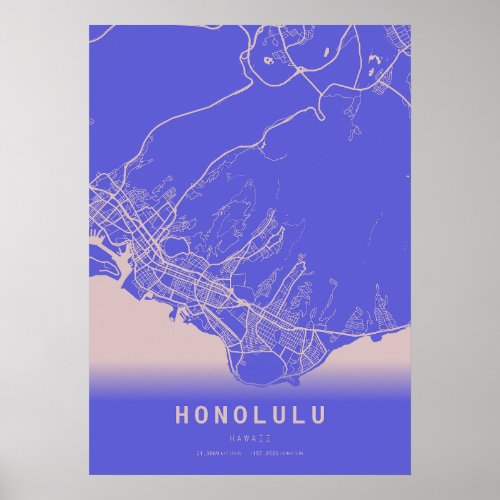 Honolulu Blue City Map Poster