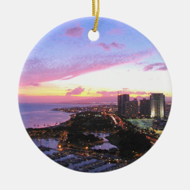 Honolulu cityscape Hawaii sunset Ceramic Ornament (Front)