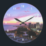 Honolulu cityscape Hawaii sunset Large Clock<br><div class="desc">hawaii, hawaiian, skyline, city, cityscape, line, sky, sunset, twilight, beach, sea, ocean, skyscapers, town, waikiki, "waikiki beach", honolulu, aloha, hawaiian, beautiful, sunrise, ships, "city lights", lights, blue, orange, panorama, panoramic, photography, photo, photograph, vacation, holiday, tourism, tourist, souvenir, souvenirs, travel, traveler, traveling, night, dark, professional, pretty, urban, calm, peaceful, water ,...</div>