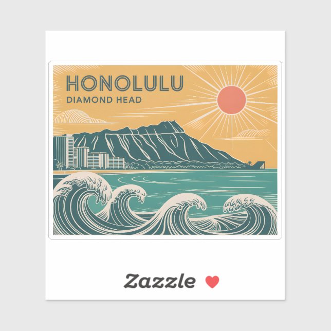 Honolulu Diamond Head Oahu Waikiki Retro Minimal Sticker (Sheet)