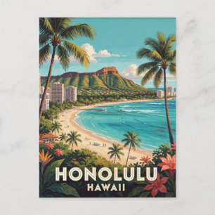 Honolulu Hawaii Diamond Head Travel Illustration Postcard