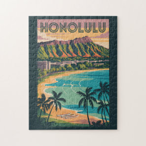 Honolulu Hawaii Illustration Travel Art Vintage Jigsaw Puzzle