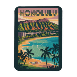 Honolulu Hawaii Illustration Travel Art Vintage Magnet