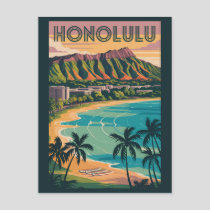 Honolulu Hawaii Illustration Travel Art Vintage Postcard