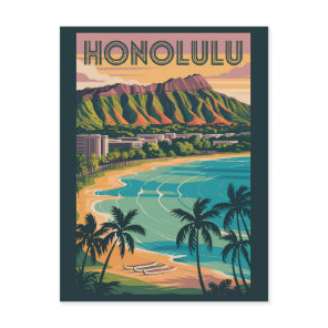 Honolulu Hawaii Illustration Travel Art Vintage Postcard