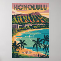 Honolulu Hawaii Illustration Travel Art Vintage