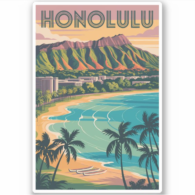 Honolulu Hawaii Illustration Travel Art Vintage Sticker (Front)
