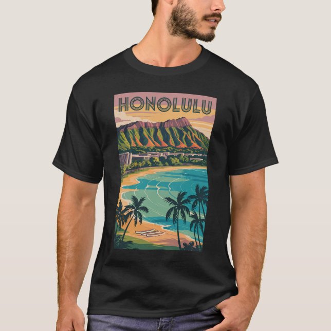 Honolulu Hawaii Illustration Travel Art Vintage T-Shirt (Front)