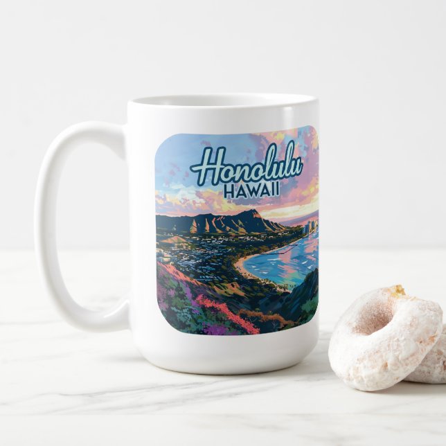 Honolulu Hawaii Oahu Waikiki Beach Diamondhead Coffee Mug (With Donut)