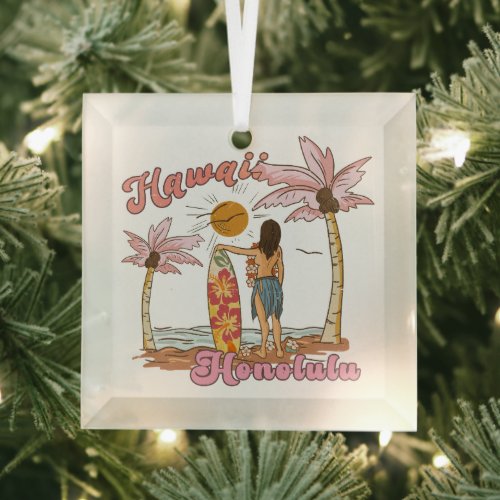 Honolulu Hawaii Retro Surf Tropical Beach Glass Ornament