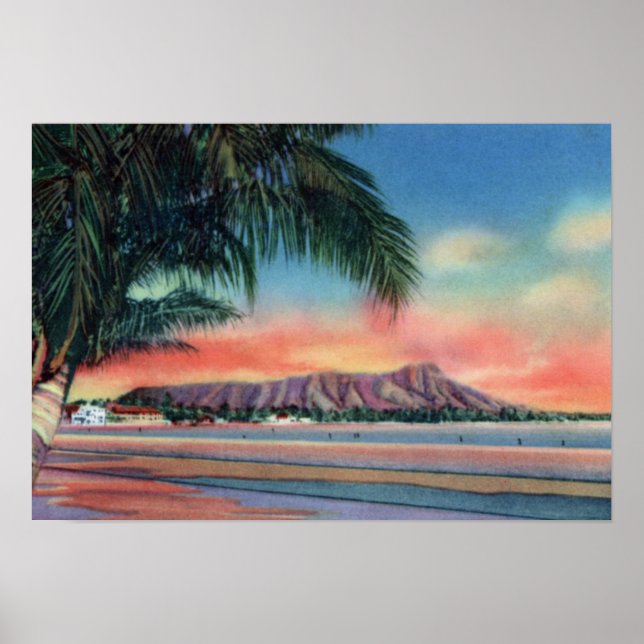 Honolulu Hawaii Sunset on Diamond Head Poster (Front)