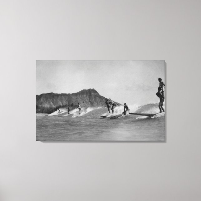 Honolulu, Hawaii - Surfers off Waikiki Beach Canvas Print (Front)