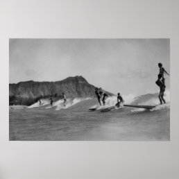 Honolulu, Hawaii - Surfers off Waikiki Beach Poster