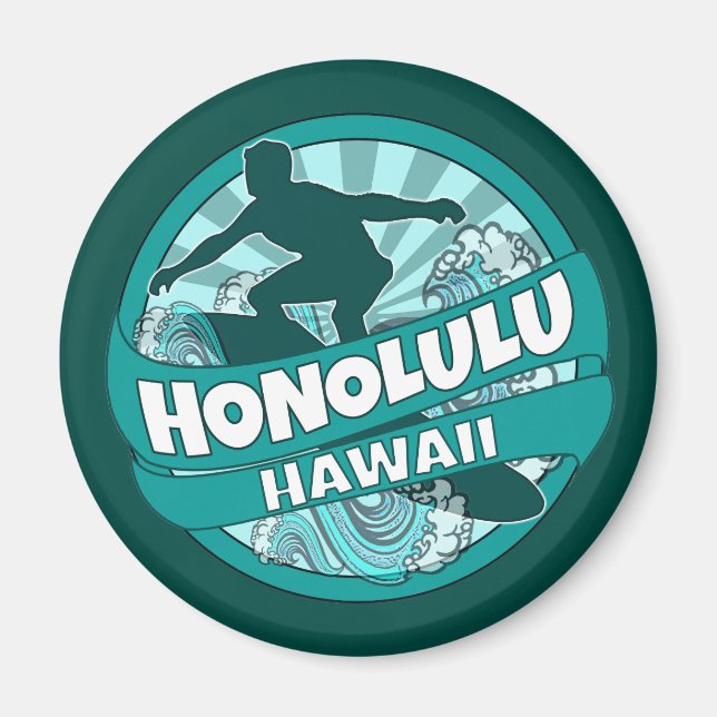 Honolulu Hawaii teal surfer logo magnet (Front)