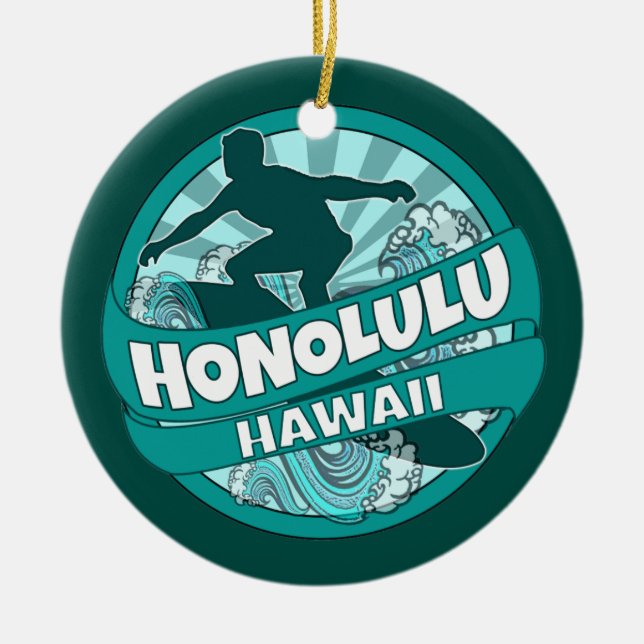 Honolulu Hawaii teal surfer logo ornament (Front)