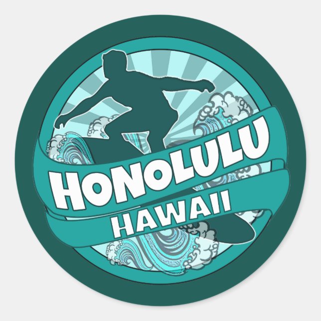 Honolulu Hawaii teal surfer logo stickers (Front)