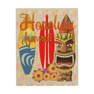 Honolulu Hawaii Tiki Surf Wood Wall Art