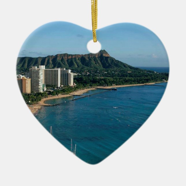 Honolulu Hawaii Tropical Beach Skyline Island Ceramic Ornament (Front)