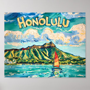 Honolulu Hawaii Vintage Travel Van Gogh Landscape Poster