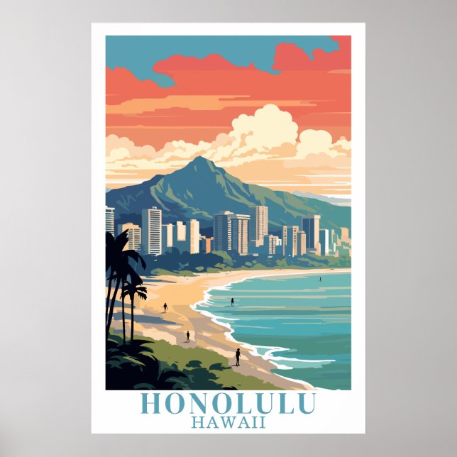 Honolulu Hawaii Vintage Travel Waikiki Beach Art Poster (Front)