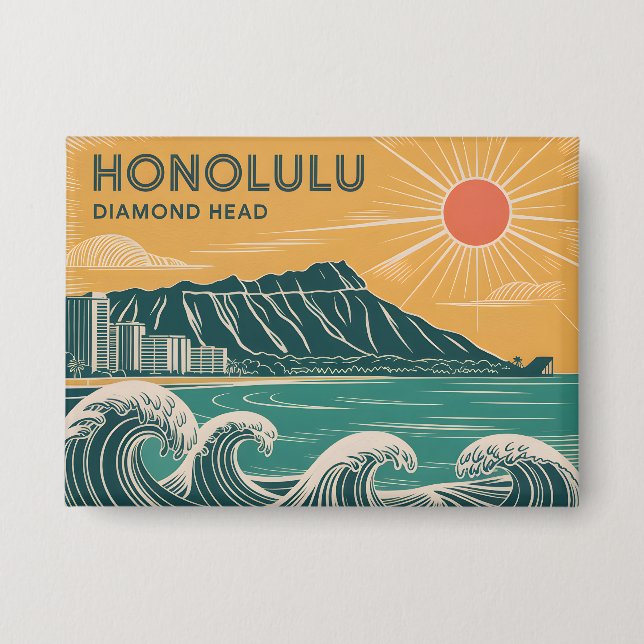 Honolulu Oahu Diamond Head Retro Mid-Century Style Button (Front)
