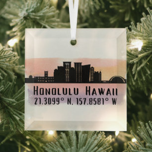 Honolulu Skyline Latitude and Longitude Glass Ornament