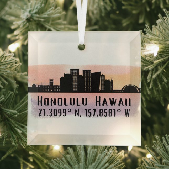 Honolulu Skyline Latitude and Longitude  Glass Ornament (Insitu)